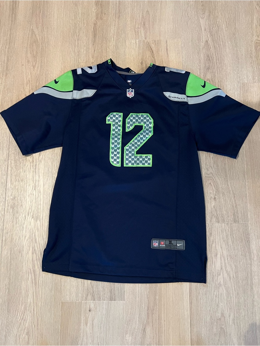 Nike Kids Navy and Green Football Jersey #12